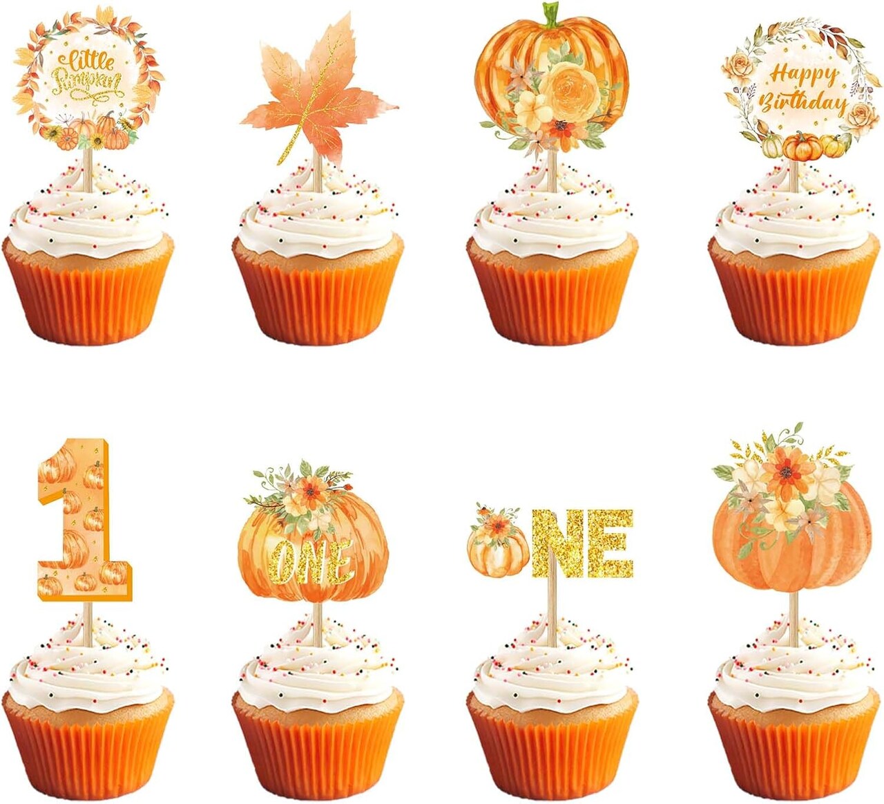 48 Pcs Pumpkin One Cupcake Toppers Pumpkin Baby shower Decorations 1st Birthday Cake 3"W x 0.2"H